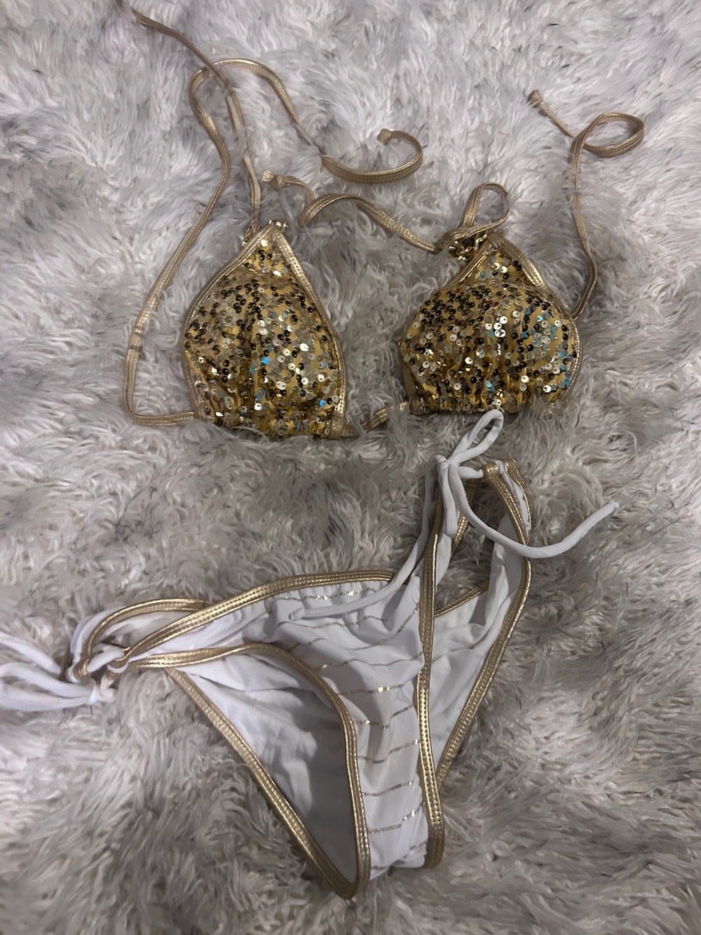 Gold Sequin Triangle Bikini Top with White Gold-Trim Bottom